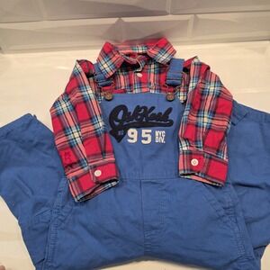 Osh Kosh B'osh Blue Vestabak  Overalls And Plaid Shirt 24 Months